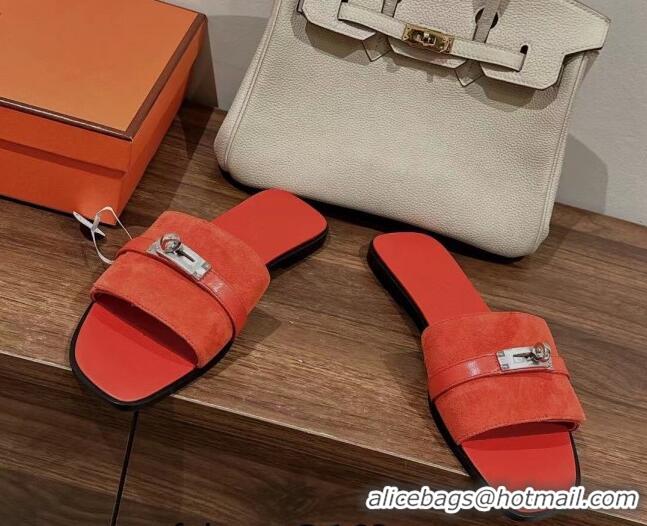 Top Design Hermes Giulia Flat Sandals in Suede and Leather Orange Red 725007