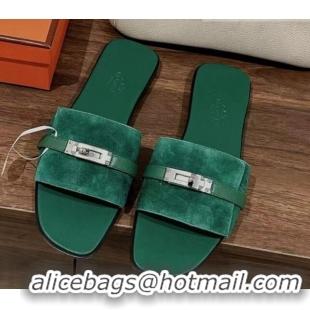 Shop Duplicate Hermes Giulia Flat Sandals in Suede and Leather Green 725008