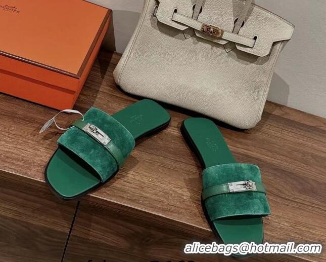 Shop Duplicate Hermes Giulia Flat Sandals in Suede and Leather Green 725008