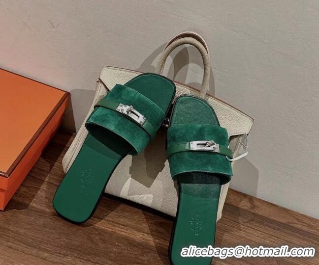 Shop Duplicate Hermes Giulia Flat Sandals in Suede and Leather Green 725008