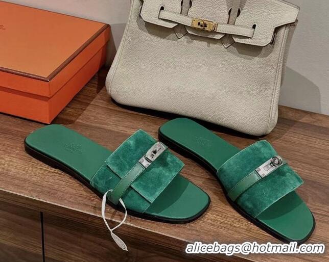 Shop Duplicate Hermes Giulia Flat Sandals in Suede and Leather Green 725008