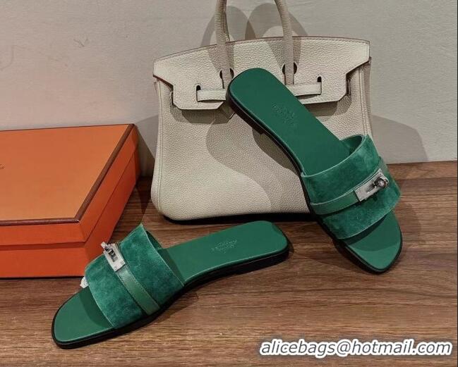 Shop Duplicate Hermes Giulia Flat Sandals in Suede and Leather Green 725008