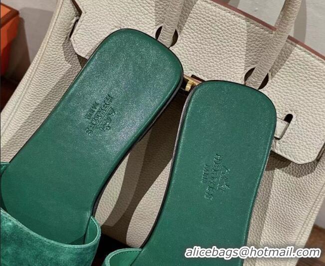 Shop Duplicate Hermes Giulia Flat Sandals in Suede and Leather Green 725008