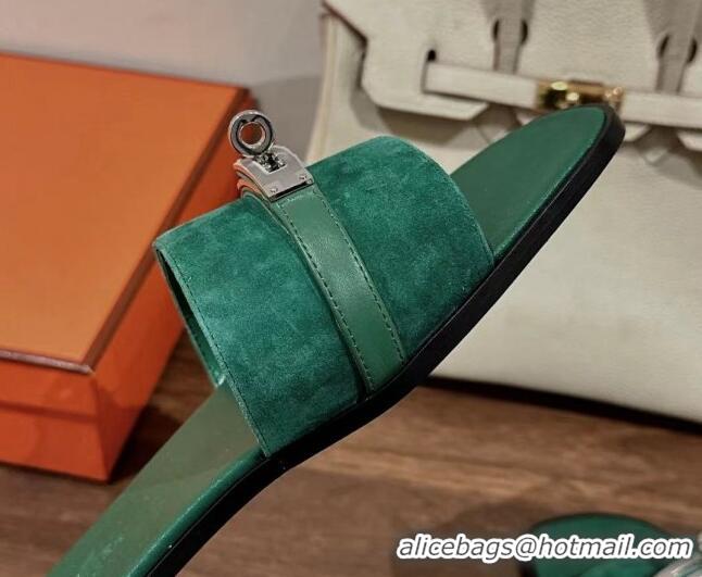 Shop Duplicate Hermes Giulia Flat Sandals in Suede and Leather Green 725008