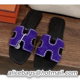 Good Quality Hermes Classic Oran Flat Slide Sandals in Suede with Crystal Beads Purple 725009