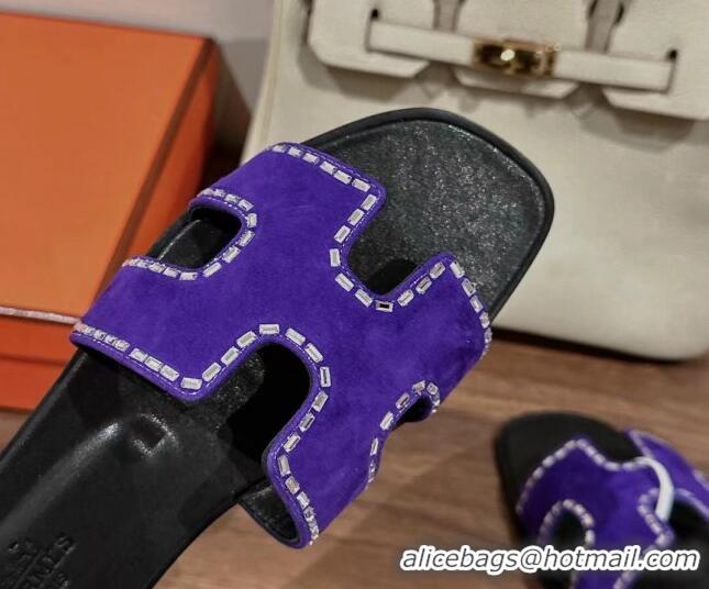 Good Quality Hermes Classic Oran Flat Slide Sandals in Suede with Crystal Beads Purple 725009