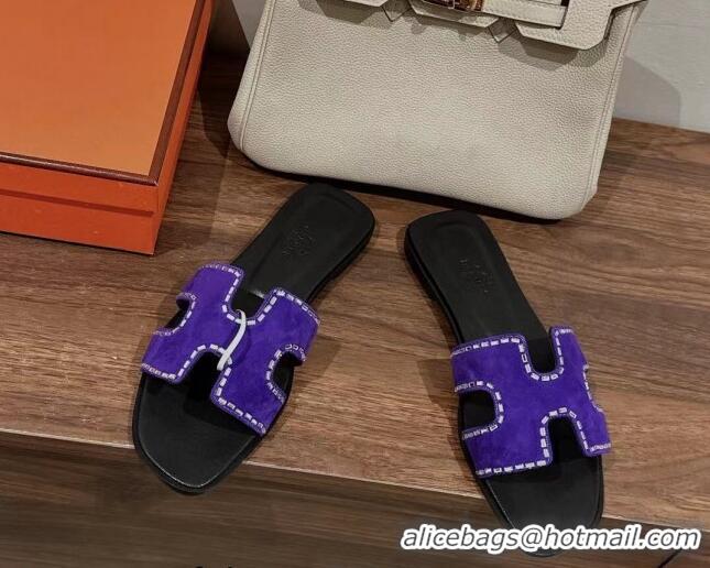 Good Quality Hermes Classic Oran Flat Slide Sandals in Suede with Crystal Beads Purple 725009