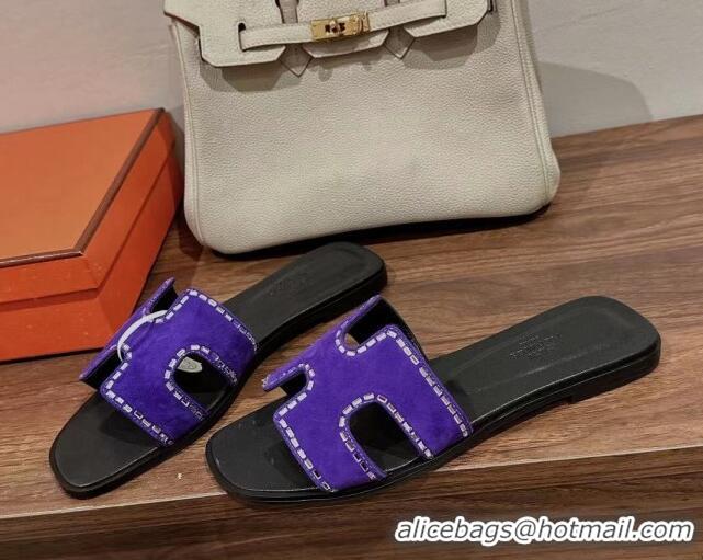 Good Quality Hermes Classic Oran Flat Slide Sandals in Suede with Crystal Beads Purple 725009