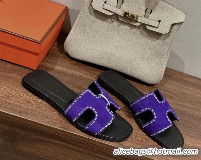 Good Quality Hermes Classic Oran Flat Slide Sandals in Suede with Crystal Beads Purple 725009