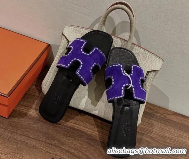 Good Quality Hermes Classic Oran Flat Slide Sandals in Suede with Crystal Beads Purple 725009