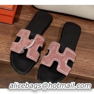 Purchase Hermes Classic Oran Flat Slide Sandals in Suede with Crystal Beads Pink 725010