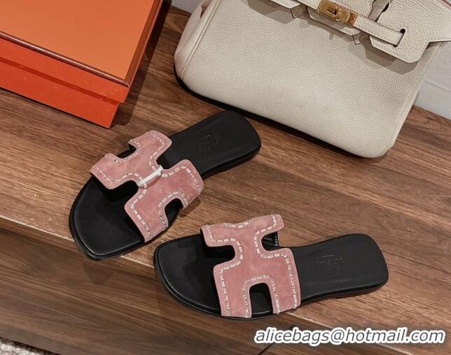 Purchase Hermes Classic Oran Flat Slide Sandals in Suede with Crystal Beads Pink 725010