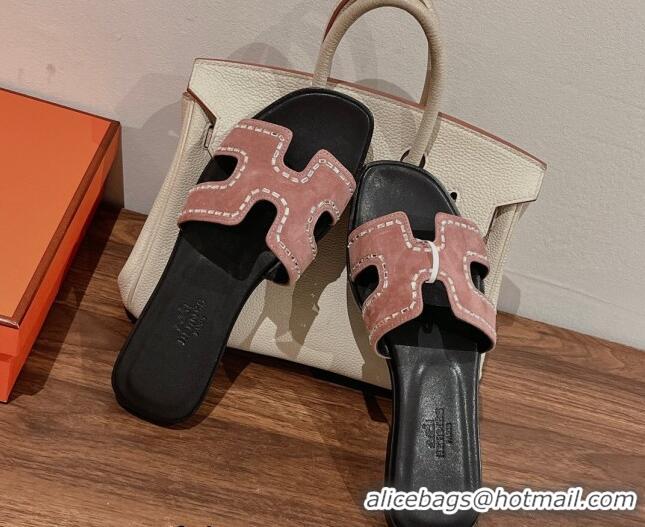 Purchase Hermes Classic Oran Flat Slide Sandals in Suede with Crystal Beads Pink 725010