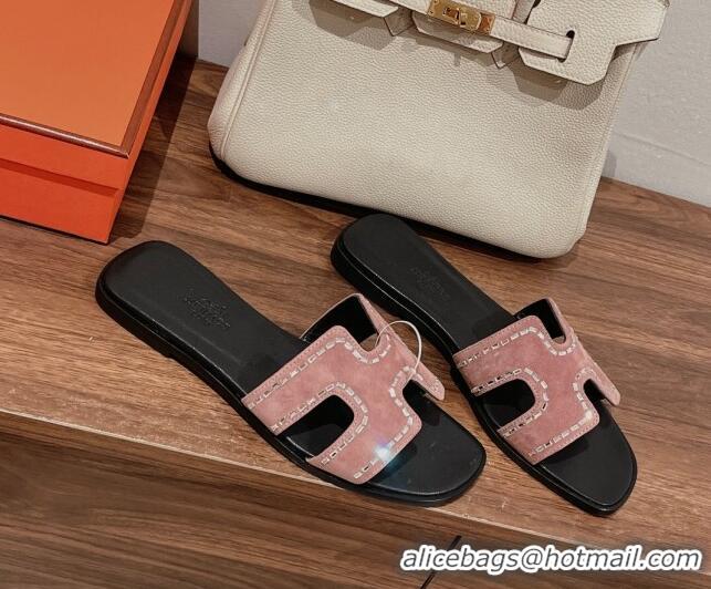 Purchase Hermes Classic Oran Flat Slide Sandals in Suede with Crystal Beads Pink 725010