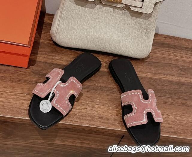 Purchase Hermes Classic Oran Flat Slide Sandals in Suede with Crystal Beads Pink 725010