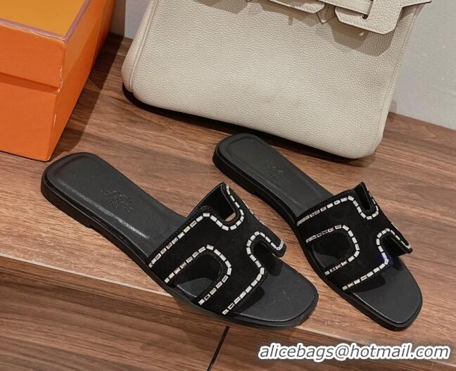 Classic Hot Hermes Classic Oran Flat Slide Sandals in Suede with Crystal Beads Black 725011