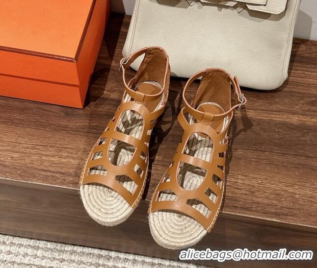 Luxurious Hermes Costanza Espadrilles Flat Sandals Brown 725013