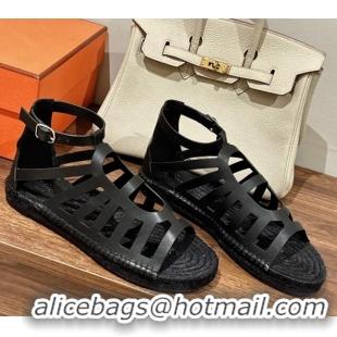 Best Grade Hermes Costanza Espadrilles Flat Sandals Black 725014