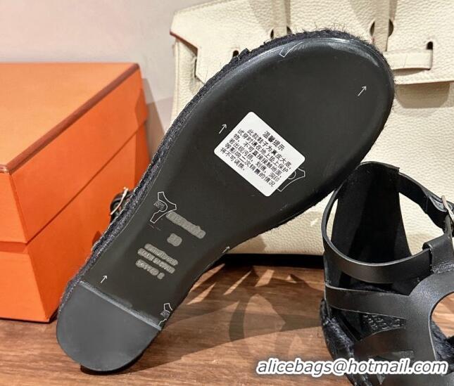 Best Grade Hermes Costanza Espadrilles Flat Sandals Black 725014