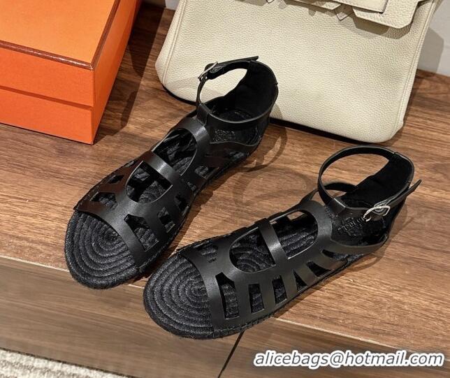 Best Grade Hermes Costanza Espadrilles Flat Sandals Black 725014