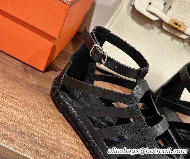 Best Grade Hermes Costanza Espadrilles Flat Sandals Black 725014