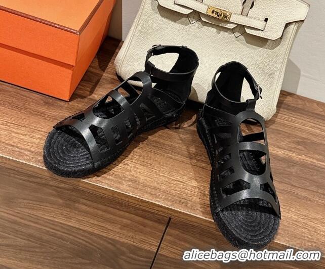 Best Grade Hermes Costanza Espadrilles Flat Sandals Black 725014