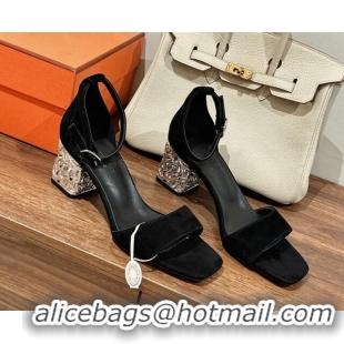 Most Popular Hermes Glam 60 Sandals in Suede with Silver Heel Black 725015