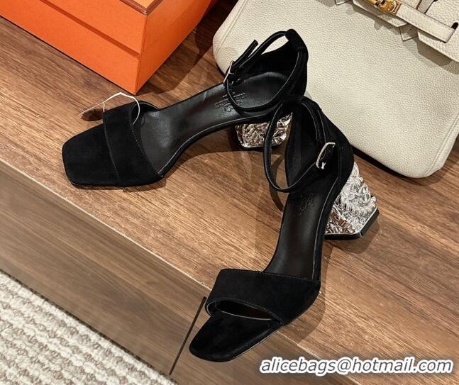 Most Popular Hermes Glam 60 Sandals in Suede with Silver Heel Black 725015