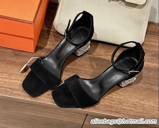 Most Popular Hermes Glam 60 Sandals in Suede with Silver Heel Black 725015