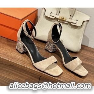 Charming Hermes Glam 60 Sandals in Suede with Silver Heel Apricot 725016