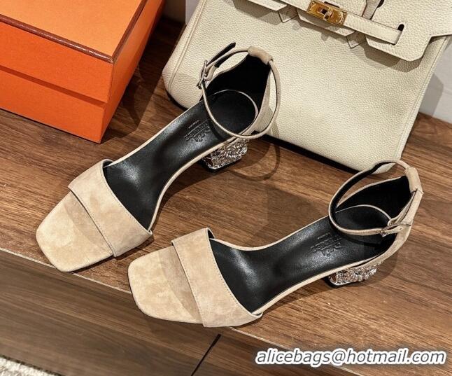 Charming Hermes Glam 60 Sandals in Suede with Silver Heel Apricot 725016