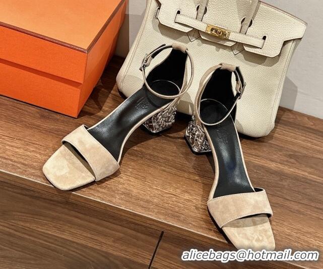 Charming Hermes Glam 60 Sandals in Suede with Silver Heel Apricot 725016