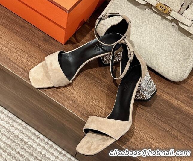 Charming Hermes Glam 60 Sandals in Suede with Silver Heel Apricot 725016