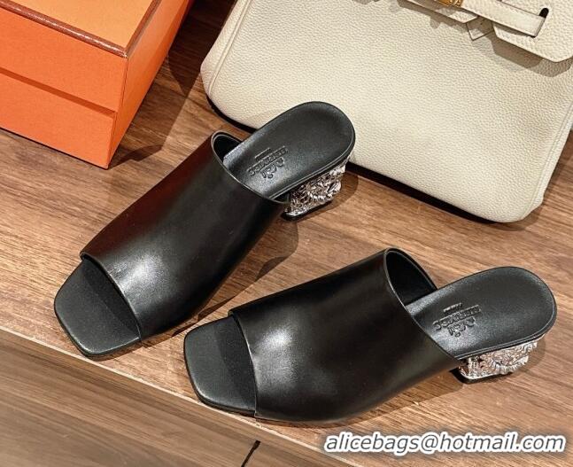 Luxury Cheap Hermes Glossy 60 Slide Sandals in Suede with Silver Heel Black 725017