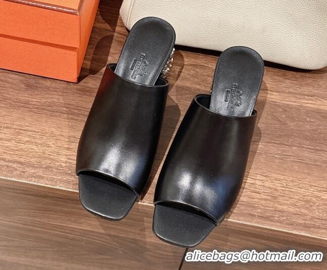 Luxury Cheap Hermes Glossy 60 Slide Sandals in Suede with Silver Heel Black 725017