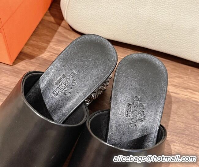 Luxury Cheap Hermes Glossy 60 Slide Sandals in Suede with Silver Heel Black 725017