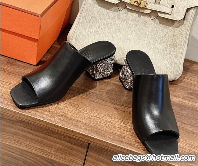 Luxury Cheap Hermes Glossy 60 Slide Sandals in Suede with Silver Heel Black 725017