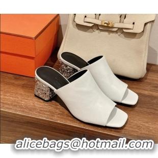 Charming Hermes Glossy 60 Slide Sandals in Suede with Silver Heel White 725018