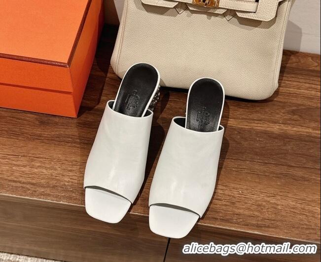 Charming Hermes Glossy 60 Slide Sandals in Suede with Silver Heel White 725018