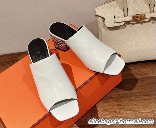 Charming Hermes Glossy 60 Slide Sandals in Suede with Silver Heel White 725018