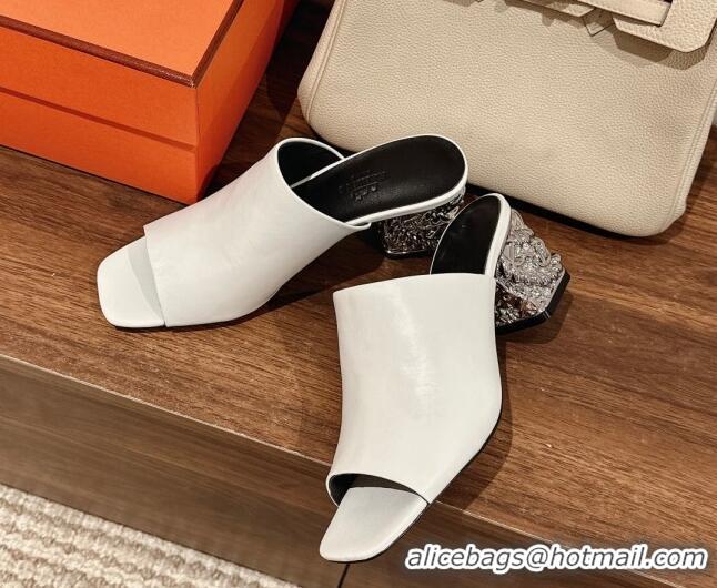 Charming Hermes Glossy 60 Slide Sandals in Suede with Silver Heel White 725018