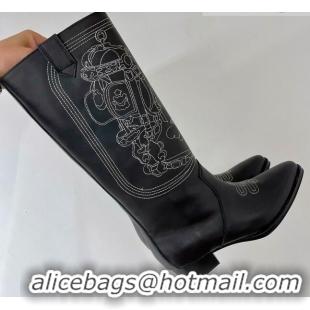 Lower Price Hermes Embroidery High Boot 4cm Heel in Black Leather 372514