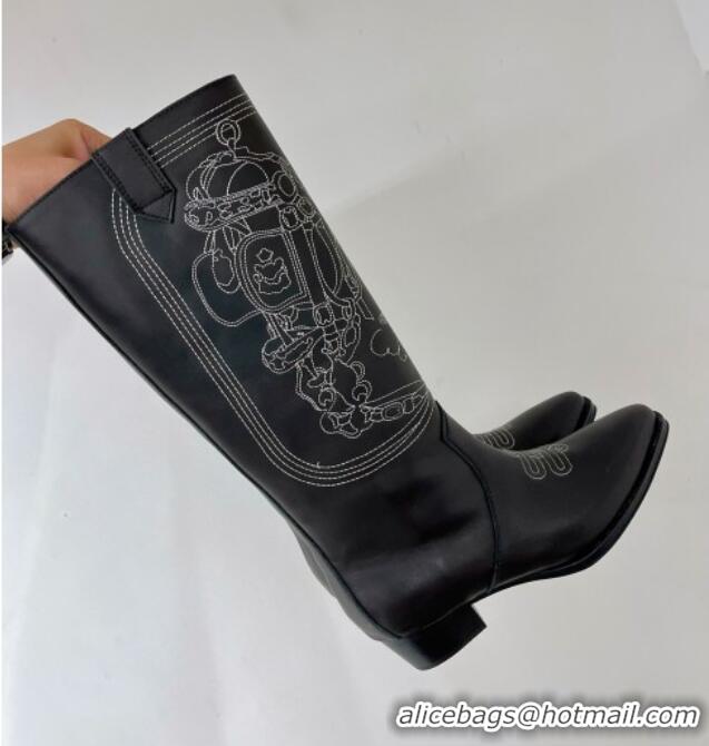 Lower Price Hermes Embroidery High Boot 4cm Heel in Black Leather 372514