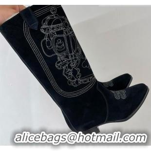 Good Product Hermes Embroidery High Boot 4cm Heel in Black Suede 2372513