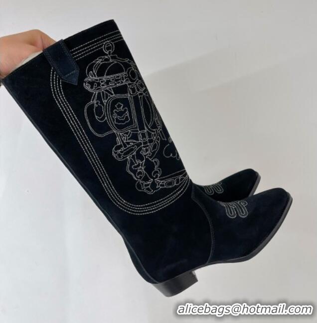 Good Product Hermes Embroidery High Boot 4cm Heel in Black Suede 2372513