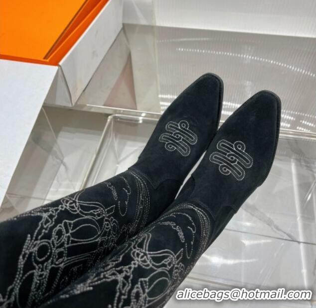 Good Product Hermes Embroidery High Boot 4cm Heel in Black Suede 2372513