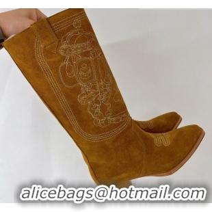 Stylish Hermes Embroidery High Boot 4cm Heel in Brown Suede 2372512