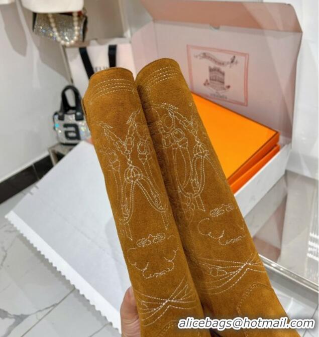 Stylish Hermes Embroidery High Boot 4cm Heel in Brown Suede 2372512