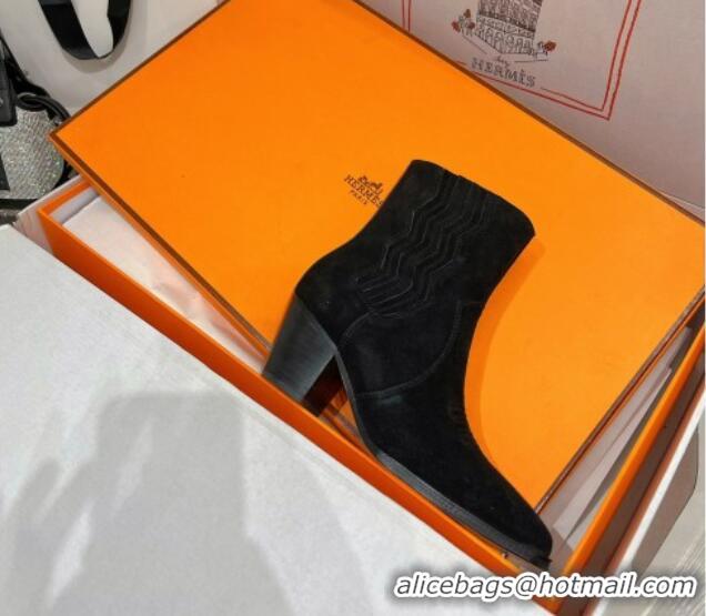 Popular Style Hermes Embroidery Ankle Boot 7cm Heel in Black Suede 2372511