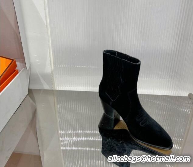 Popular Style Hermes Embroidery Ankle Boot 7cm Heel in Black Suede 2372511